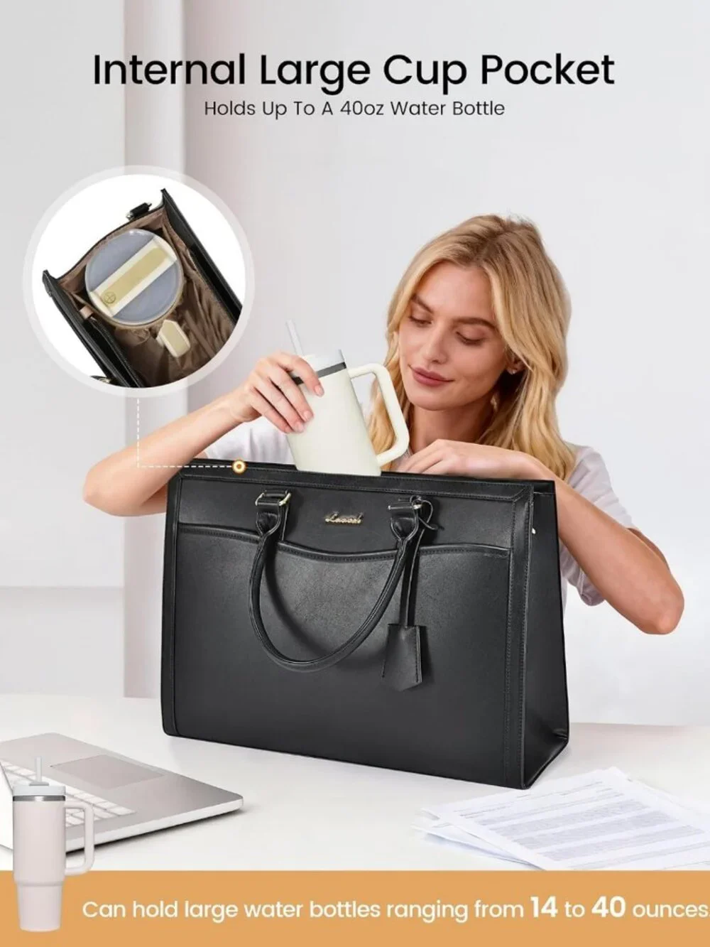 Stylish Large Laptop Tote Bag for Women, Work Computer Bag with Cup Holder